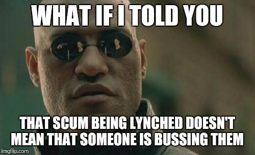 Matrix Morpheus Meme | WHAT IF I TOLD YOU; THAT SCUM BEING LYNCHED DOESN'T MEAN THAT SOMEONE IS BUSSING THEM | image tagged in memes,matrix morpheus | made w/ Imgflip meme maker