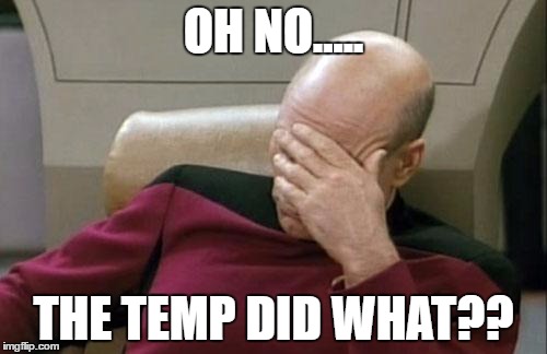 Captain Picard Facepalm Meme | OH NO..... THE TEMP DID WHAT?? | image tagged in memes,captain picard facepalm | made w/ Imgflip meme maker