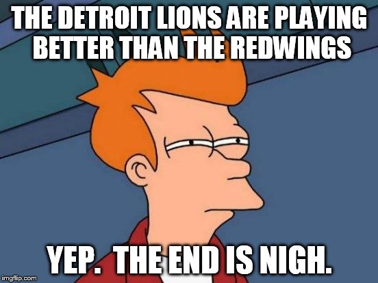 Futurama Fry Meme | THE DETROIT LIONS ARE PLAYING BETTER THAN THE REDWINGS; YEP.  THE END IS NIGH. | image tagged in memes,futurama fry | made w/ Imgflip meme maker