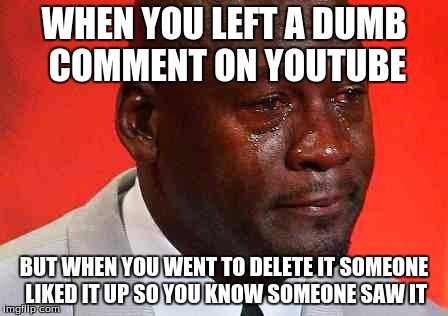 crying michael jordan | WHEN YOU LEFT A DUMB COMMENT ON YOUTUBE; BUT WHEN YOU WENT TO DELETE IT SOMEONE LIKED IT UP SO YOU KNOW SOMEONE SAW IT | image tagged in crying michael jordan | made w/ Imgflip meme maker