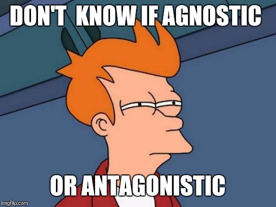 Futurama Fry Meme | DON'T  KNOW IF AGNOSTIC OR ANTAGONISTIC | image tagged in memes,futurama fry | made w/ Imgflip meme maker