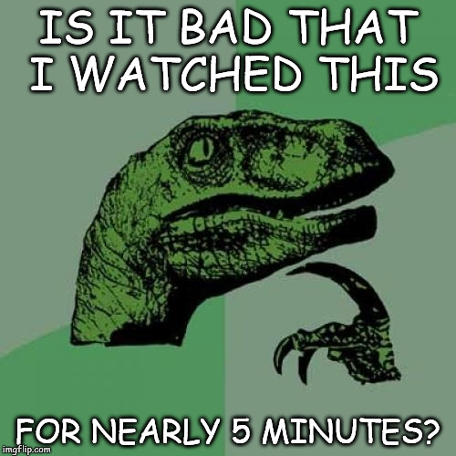 Philosoraptor Meme | IS IT BAD THAT I WATCHED THIS; FOR NEARLY 5 MINUTES? | image tagged in memes,philosoraptor | made w/ Imgflip meme maker