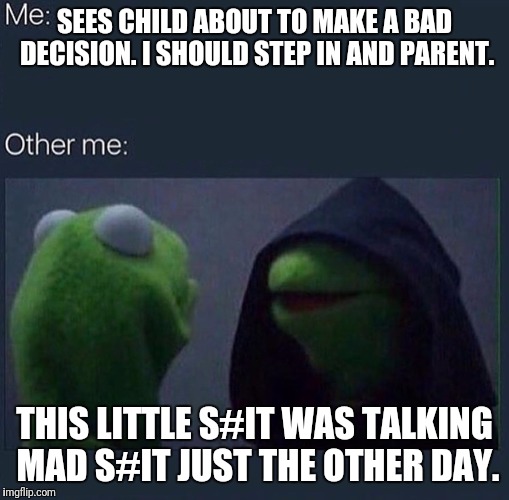 Evil Kermit | SEES CHILD ABOUT TO MAKE A BAD DECISION. I SHOULD STEP IN AND PARENT. THIS LITTLE S#IT WAS TALKING MAD S#IT JUST THE OTHER DAY. | image tagged in evil kermit | made w/ Imgflip meme maker