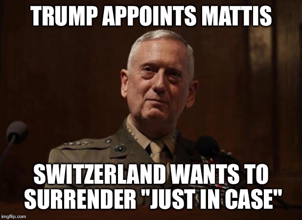 Trump appoints mattis | TRUMP APPOINTS MATTIS; SWITZERLAND WANTS TO SURRENDER
"JUST IN CASE" | image tagged in donald trump approves | made w/ Imgflip meme maker