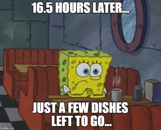 Spongebob Waiting | 16.5 HOURS LATER... JUST A FEW DISHES LEFT TO GO... | image tagged in spongebob waiting | made w/ Imgflip meme maker
