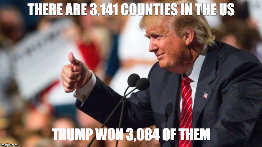Trump wins nearly all counties | THERE ARE 3,141 COUNTIES IN THE US; TRUMP WON 3,084 OF THEM | image tagged in trump | made w/ Imgflip meme maker