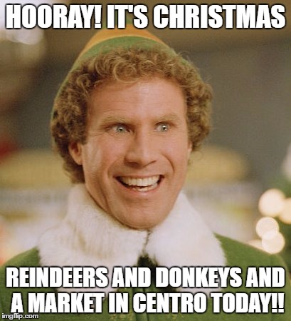 Buddy The Elf Meme | HOORAY! IT'S CHRISTMAS; REINDEERS AND DONKEYS AND A MARKET IN CENTRO TODAY!! | image tagged in memes,buddy the elf | made w/ Imgflip meme maker