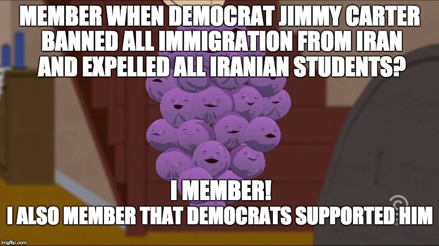 Member Berries Meme | MEMBER WHEN DEMOCRAT JIMMY CARTER BANNED ALL IMMIGRATION FROM IRAN AND EXPELLED ALL IRANIAN STUDENTS? I MEMBER! I ALSO MEMBER THAT DEMOCRATS SUPPORTED HIM | image tagged in memes,member berries | made w/ Imgflip meme maker