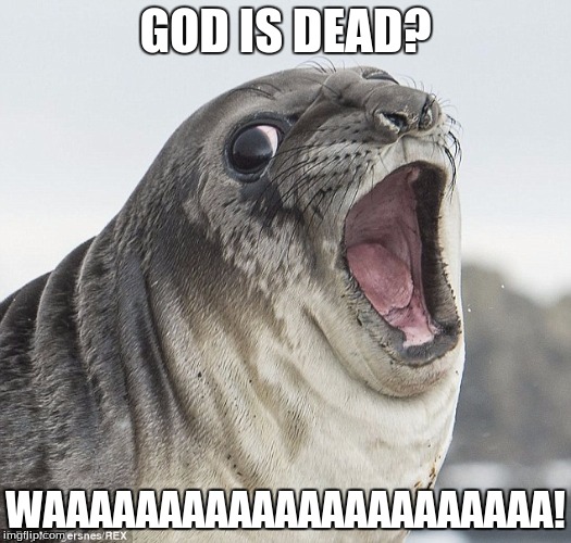 GOD IS DEAD? WAAAAAAAAAAAAAAAAAAAAAA! | image tagged in seal,god,dead | made w/ Imgflip meme maker