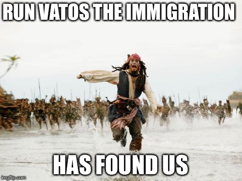 Jack Sparrow Being Chased | RUN VATOS THE IMMIGRATION; HAS FOUND US | image tagged in memes,jack sparrow being chased | made w/ Imgflip meme maker