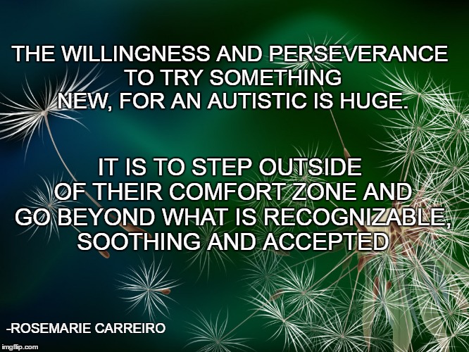 strength | THE WILLINGNESS AND PERSEVERANCE TO TRY SOMETHING NEW, FOR AN AUTISTIC IS HUGE. IT IS TO STEP OUTSIDE OF THEIR COMFORT ZONE AND GO BEYOND WHAT IS RECOGNIZABLE, SOOTHING AND ACCEPTED; -ROSEMARIE CARREIRO | image tagged in autism | made w/ Imgflip meme maker