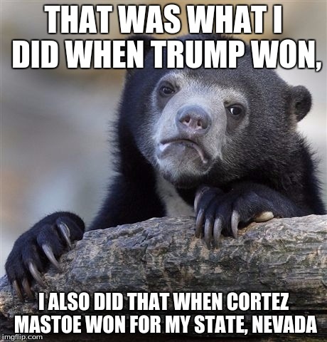 Confession Bear Meme | THAT WAS WHAT I DID WHEN TRUMP WON, I ALSO DID THAT WHEN CORTEZ MASTOE WON FOR MY STATE, NEVADA | image tagged in memes,confession bear | made w/ Imgflip meme maker