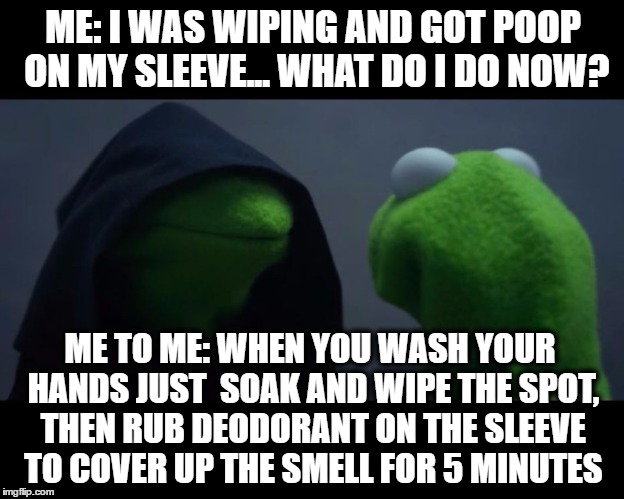 Admit it, you've been there | ME: I WAS WIPING AND GOT POOP ON MY SLEEVE... WHAT DO I DO NOW? ME TO ME: WHEN YOU WASH YOUR HANDS JUST  SOAK AND WIPE THE SPOT, THEN RUB DEODORANT ON THE SLEEVE TO COVER UP THE SMELL FOR 5 MINUTES | image tagged in me to me reverse,evil kermit meme | made w/ Imgflip meme maker