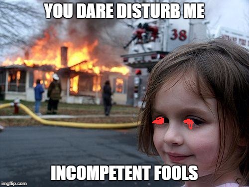 YOU DARE DISTURB ME INCOMPETENT FOOLS | image tagged in memes,disaster girl | made w/ Imgflip meme maker