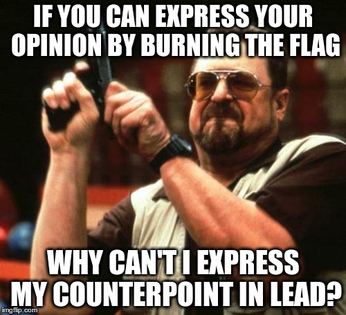 Freedom of Speech | IF YOU CAN EXPRESS YOUR OPINION BY BURNING THE FLAG; WHY CAN'T I EXPRESS MY COUNTERPOINT IN LEAD? | image tagged in gun | made w/ Imgflip meme maker