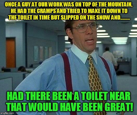 That Would Be Great Meme | ONCE A GUY AT OUR WORK WAS ON TOP OF THE MOUNTAIN, HE HAD THE CRAMPS AND TRIED TO MAKE IT DOWN TO THE TOILET IN TIME BUT SLIPPED ON THE SNOW | image tagged in memes,that would be great | made w/ Imgflip meme maker