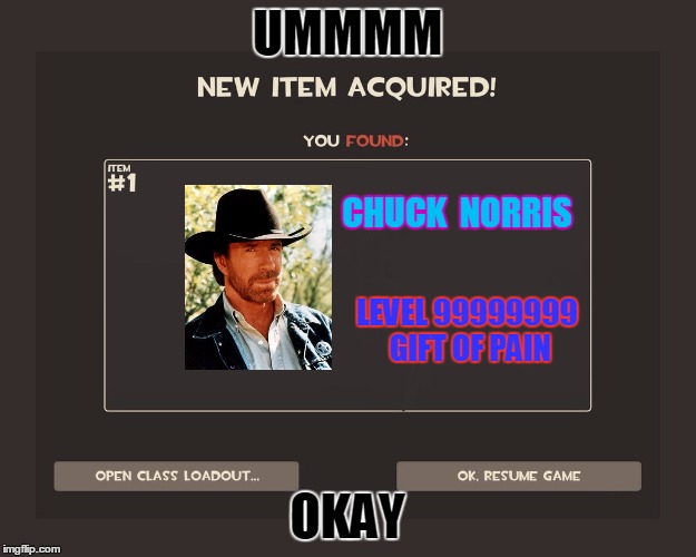 i found something | UMMMM; CHUCK 
NORRIS; LEVEL 99999999 GIFT OF PAIN; OKAY | image tagged in you got tf2 shit | made w/ Imgflip meme maker