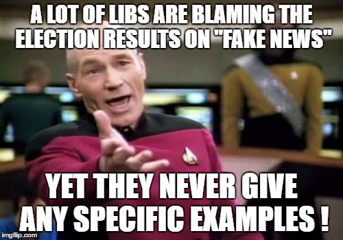 Picard Wtf Meme | A LOT OF LIBS ARE BLAMING THE ELECTION RESULTS ON "FAKE NEWS"; YET THEY NEVER GIVE ANY SPECIFIC EXAMPLES ! | image tagged in memes,picard wtf | made w/ Imgflip meme maker
