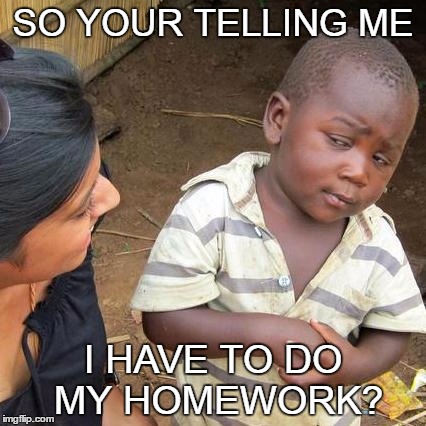 Third World Skeptical Kid | SO YOUR TELLING ME; I HAVE TO DO MY HOMEWORK? | image tagged in memes,third world skeptical kid | made w/ Imgflip meme maker
