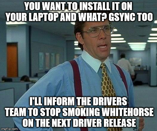 That Would Be Great Meme | YOU WANT TO INSTALL IT ON YOUR LAPTOP AND WHAT? GSYNC TOO; I'LL INFORM THE DRIVERS TEAM TO STOP SMOKING WHITEHORSE ON THE NEXT DRIVER RELEASE | image tagged in memes,that would be great | made w/ Imgflip meme maker