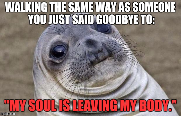 Awkward Moment Sealion Meme | WALKING THE SAME WAY AS SOMEONE YOU JUST SAID GOODBYE TO:; "MY SOUL IS LEAVING MY BODY." | image tagged in memes,awkward moment sealion | made w/ Imgflip meme maker