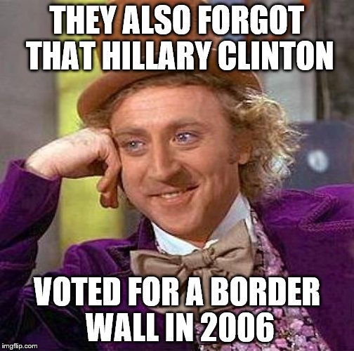 Creepy Condescending Wonka Meme | THEY ALSO FORGOT THAT HILLARY CLINTON VOTED FOR A BORDER WALL IN 2006 | image tagged in memes,creepy condescending wonka | made w/ Imgflip meme maker