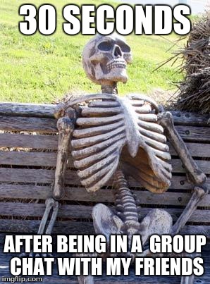 Waiting Skeleton | 30 SECONDS; AFTER BEING IN A  GROUP CHAT WITH MY FRIENDS | image tagged in memes,waiting skeleton | made w/ Imgflip meme maker