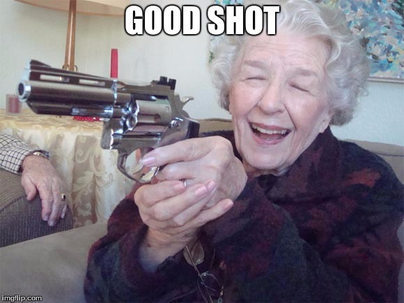 Old lady takes aim | GOOD SHOT | image tagged in old lady takes aim | made w/ Imgflip meme maker