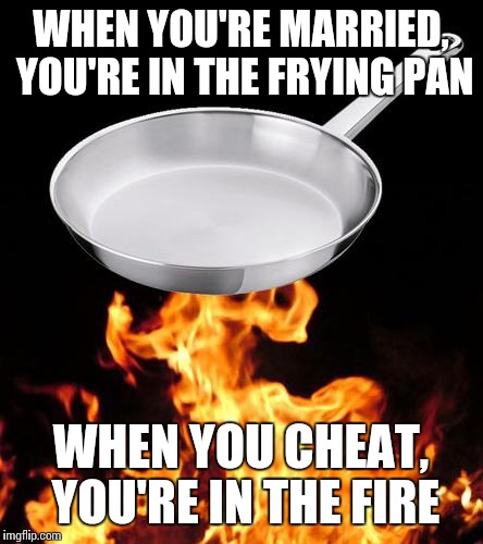 frying pan to fire | WHEN YOU'RE MARRIED, YOU'RE IN THE FRYING PAN; WHEN YOU CHEAT, YOU'RE IN THE FIRE | image tagged in frying pan to fire | made w/ Imgflip meme maker