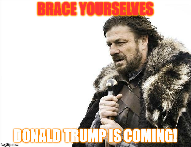 Brace Yourselves X is Coming | BRACE YOURSELVES; DONALD TRUMP IS COMING! | image tagged in memes,brace yourselves x is coming | made w/ Imgflip meme maker
