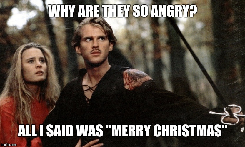 Wesley and Princess Buttercup face fire swamp The Princess Bride | WHY ARE THEY SO ANGRY? ALL I SAID WAS "MERRY CHRISTMAS" | image tagged in wesley and princess buttercup face fire swamp the princess bride | made w/ Imgflip meme maker