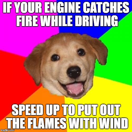 Advice Dog Meme | IF YOUR ENGINE CATCHES FIRE WHILE DRIVING; SPEED UP TO PUT OUT THE FLAMES WITH WIND | image tagged in memes,advice dog | made w/ Imgflip meme maker