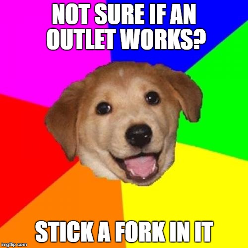 Advice Dog Meme | NOT SURE IF AN OUTLET WORKS? STICK A FORK IN IT | image tagged in memes,advice dog | made w/ Imgflip meme maker
