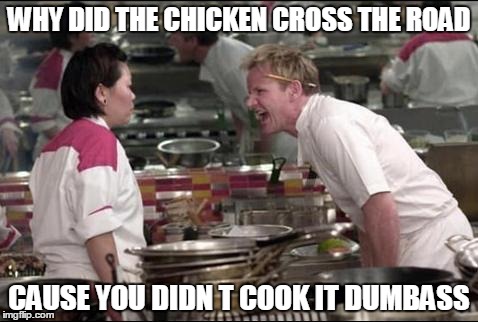 Angry Chef Gordon Ramsay | WHY DID THE CHICKEN CROSS THE ROAD; CAUSE YOU DIDN T COOK IT DUMBASS | image tagged in memes,angry chef gordon ramsay | made w/ Imgflip meme maker