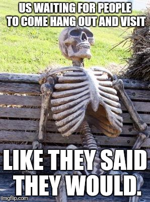 Waiting Skeleton | US WAITING FOR PEOPLE TO COME HANG OUT AND VISIT; LIKE THEY SAID THEY WOULD. | image tagged in memes,waiting skeleton | made w/ Imgflip meme maker