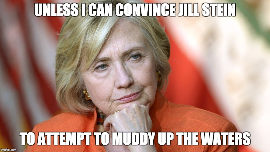 Hillary Disgusted | UNLESS I CAN CONVINCE JILL STEIN TO ATTEMPT TO MUDDY UP THE WATERS | image tagged in hillary disgusted | made w/ Imgflip meme maker