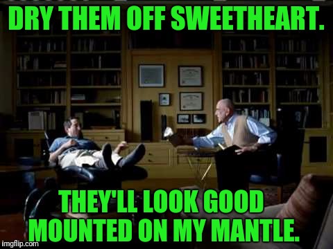 DRY THEM OFF SWEETHEART. THEY'LL LOOK GOOD MOUNTED ON MY MANTLE. | made w/ Imgflip meme maker