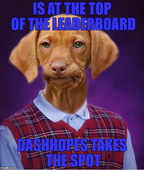 don't worry raydog, you'll always be number one | IS AT THE TOP OF THE LEADERBOARD; DASHHOPES TAKES THE SPOT | image tagged in bad luck raydog | made w/ Imgflip meme maker
