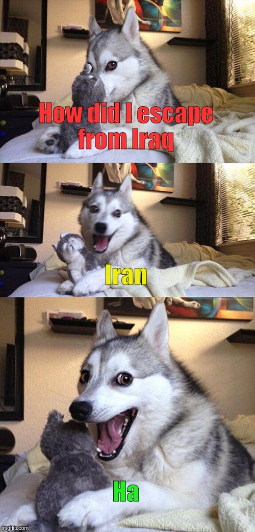 Bad Pun Dog Meme | How did I escape from Iraq; Iran; Ha | image tagged in memes,bad pun dog | made w/ Imgflip meme maker