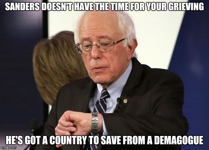 sanders hasn't got the time | SANDERS DOESN'T HAVE THE TIME FOR YOUR GRIEVING; HE'S GOT A COUNTRY TO SAVE FROM A DEMAGOGUE | image tagged in sanders hasn't got the time | made w/ Imgflip meme maker