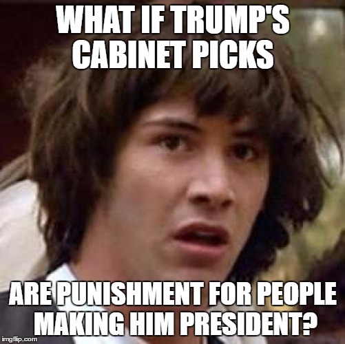 Conspiracy Keanu | WHAT IF TRUMP'S CABINET PICKS; ARE PUNISHMENT FOR PEOPLE MAKING HIM PRESIDENT? | image tagged in memes,conspiracy keanu | made w/ Imgflip meme maker