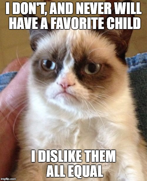 Grumpy Cat Meme | I DON'T, AND NEVER WILL HAVE A FAVORITE CHILD; I DISLIKE THEM ALL EQUAL | image tagged in memes,grumpy cat | made w/ Imgflip meme maker