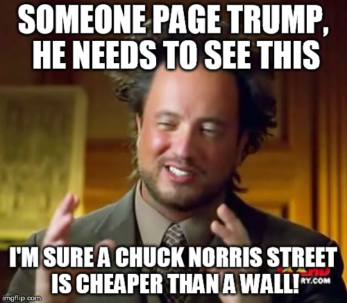 SOMEONE PAGE TRUMP, HE NEEDS TO SEE THIS I'M SURE A CHUCK NORRIS STREET IS CHEAPER THAN A WALL! | image tagged in memes,ancient aliens | made w/ Imgflip meme maker