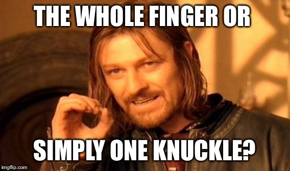 One Does Not Simply Meme | THE WHOLE FINGER OR SIMPLY ONE KNUCKLE? | image tagged in memes,one does not simply | made w/ Imgflip meme maker
