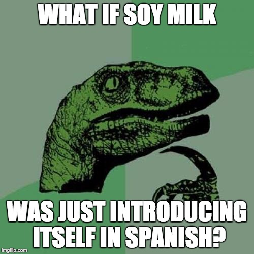 The Soy Milk Theory | WHAT IF SOY MILK; WAS JUST INTRODUCING ITSELF IN SPANISH? | image tagged in memes,philosoraptor | made w/ Imgflip meme maker