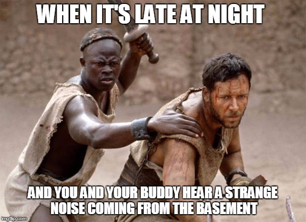 WHEN IT'S LATE AT NIGHT; AND YOU AND YOUR BUDDY HEAR A STRANGE NOISE COMING FROM THE BASEMENT | image tagged in lucky | made w/ Imgflip meme maker