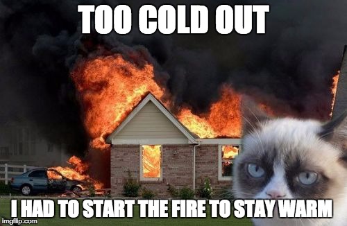 Burn Kitty | TOO COLD OUT; I HAD TO START THE FIRE TO STAY WARM | image tagged in memes,burn kitty,grumpy cat | made w/ Imgflip meme maker