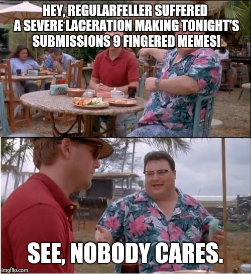 Overcoming disabilities:  | HEY, REGULARFELLER SUFFERED A SEVERE LACERATION MAKING TONIGHT'S SUBMISSIONS 9 FINGERED MEMES! SEE, NOBODY CARES. | image tagged in memes,see nobody cares | made w/ Imgflip meme maker