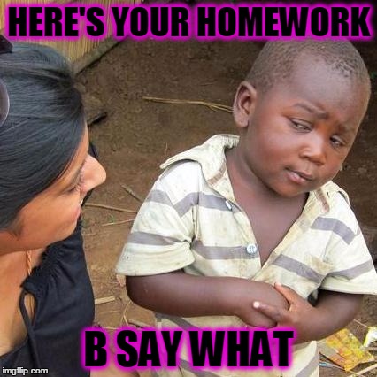 Third World Skeptical Kid Meme | HERE'S YOUR HOMEWORK; B SAY WHAT | image tagged in memes,third world skeptical kid | made w/ Imgflip meme maker