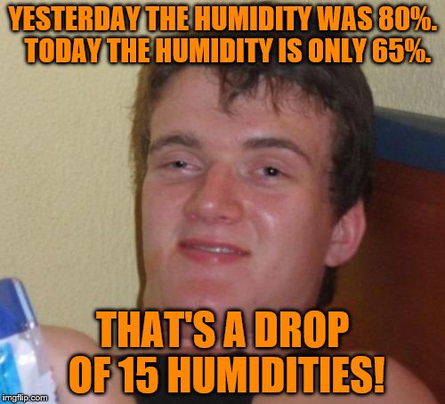 10 Guy Meme | YESTERDAY THE HUMIDITY WAS 80%. 
TODAY THE HUMIDITY IS ONLY 65%. THAT'S A DROP OF 15 HUMIDITIES! | image tagged in memes,10 guy | made w/ Imgflip meme maker